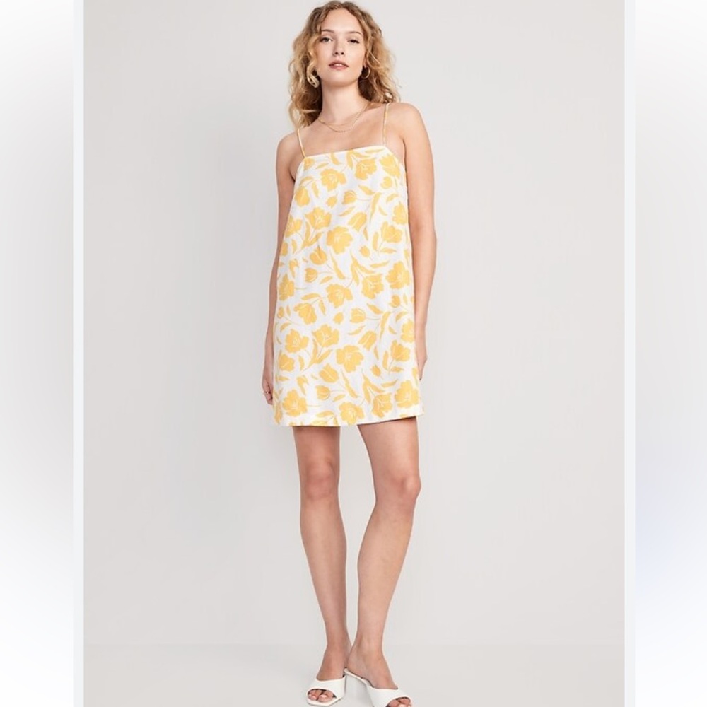 Old Navy Linen Dress Women's Size XL Linen Rayon Yellow Floral Tie Shoulder